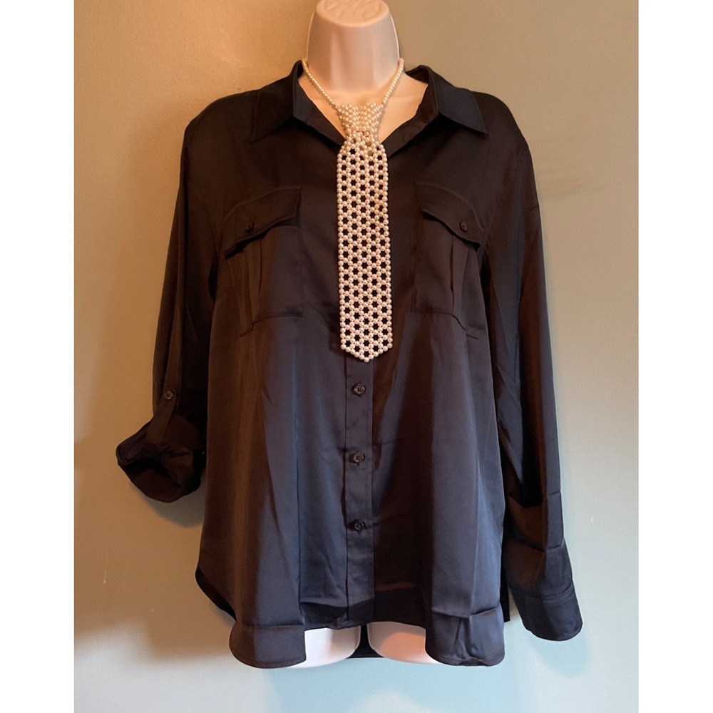 Talbots Black Shiny Button-up Long Sleeve Blouse PXL High/Low Evening Party Work
